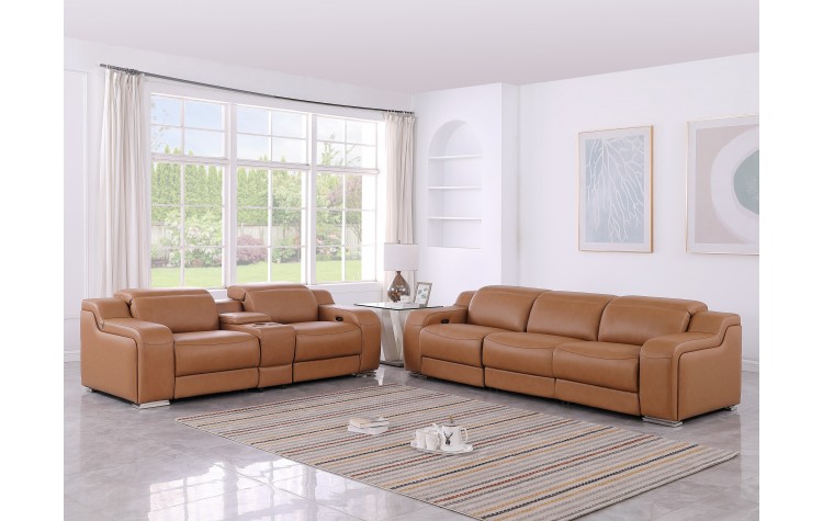 1116 DivanItalia Cognac 6-Piece Modular Power Reclining Sofa and Loveseat Set with Power Headrests - Top Grain Italian Leather