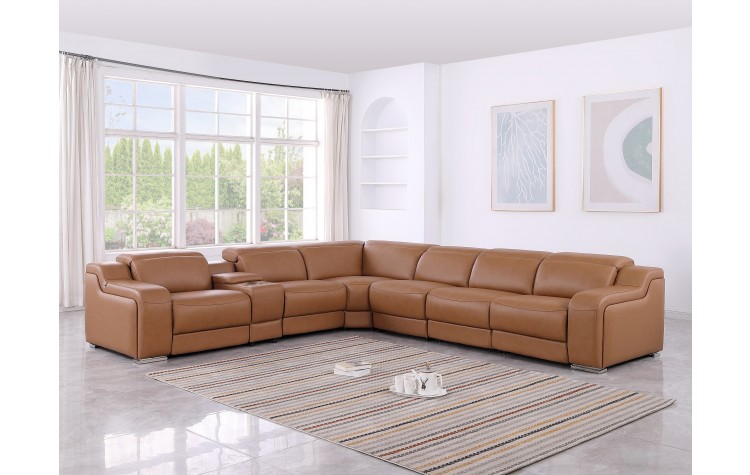 1116 DivanItalia Cognac Top-Grain Italian Leather 7-Piece Sectional with 4 Power Reclining Seats & Power Headrest