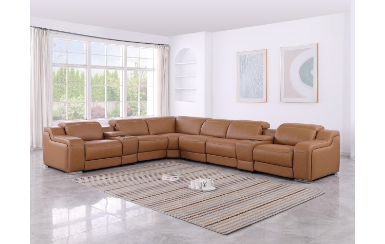 1116 DivanItalia Cognac Top-Grain Italian Leather 8-Piece Sectional with 3 Power Reclining Seats & Power Headrest