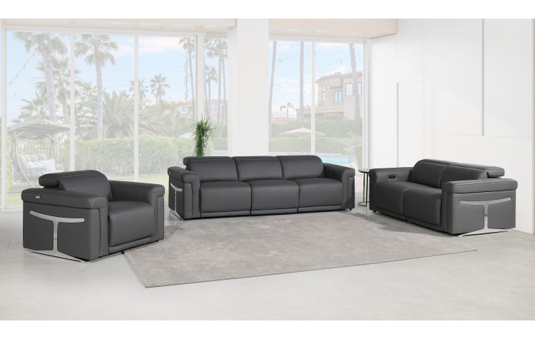 1126 DivanItalia Dark Grey 6-Piece Modular Power Reclining Sofa, Loveseat, and Chair Set – 6 Recliners, Top Grain Italian Leather with Power Headrests