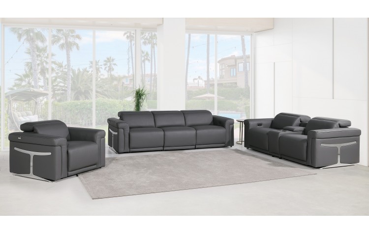 1126 DivanItalia Dark Grey 7-Piece Modular Power Reclining Sofa, Loveseat, and Chair Set – 6 Recliners, Top Grain Italian Leather