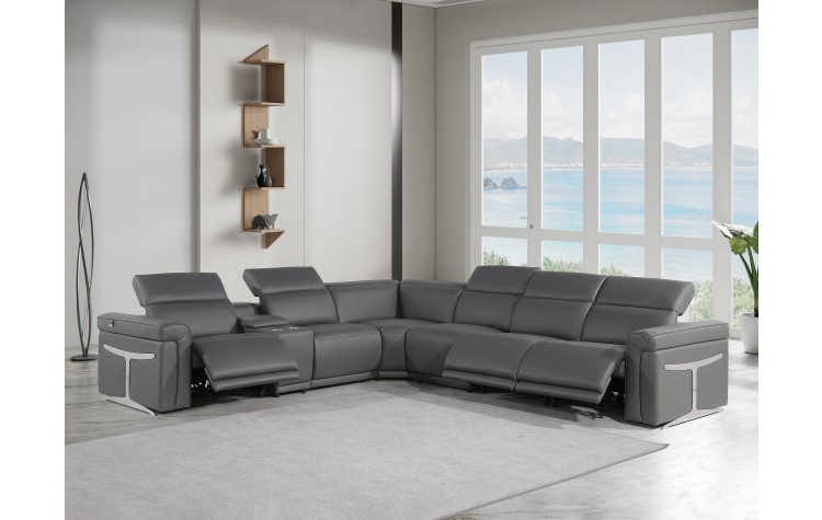 1126 - Top Grain Dark Grey Italian Leather Sectional Sofa 7-Piece w/ 3 power recliners