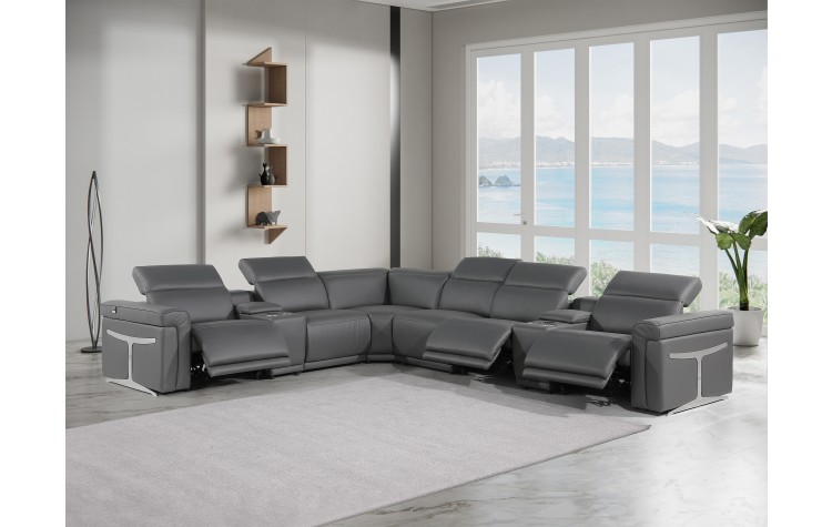 1126 DivanItalia Dark Gray 8-Piece Sectional with 3 Power Recliners and Power Headrests