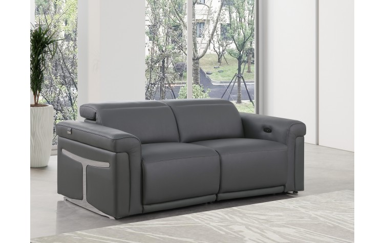 1126 DivanItalia Dark Grey Top Grain Italian Leather Loveseat with Power Headrest