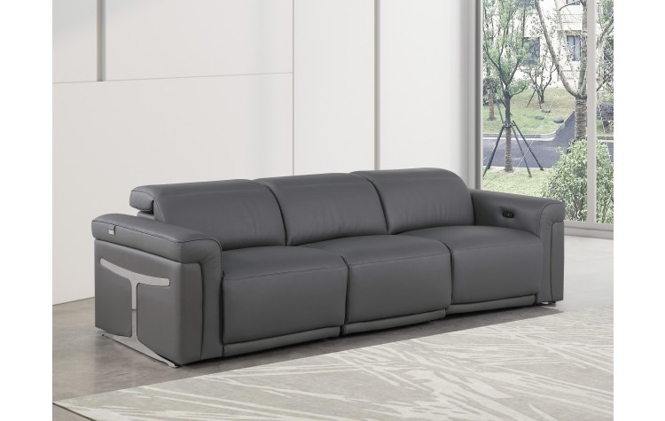 1126 DivanItalia Dark Grey Top Grain Italian Leather Power Reclining Sofa with Dual Recliners and Power Headrests