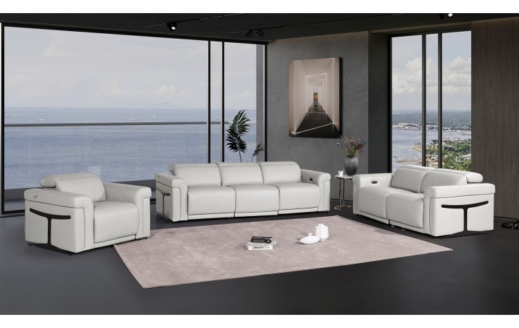1126 DivanItalia LIght Grey Modular Power Reclining Sofa, Loveseat, and Chair Set – Top Grain Italian Leather with Power Headrests