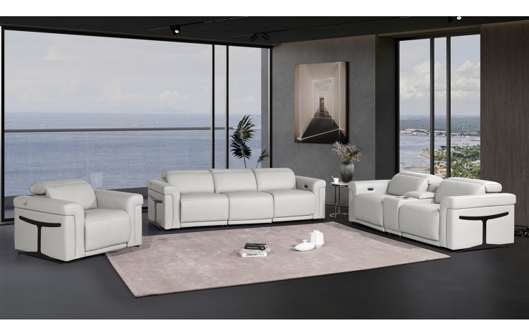 1126 DivanItalia LIght Grey 6-Piece Modular Power Reclining Sofa, Loveseat, and Chair Set – 6 Recliners, Top Grain Italian Leather with Power Headrests