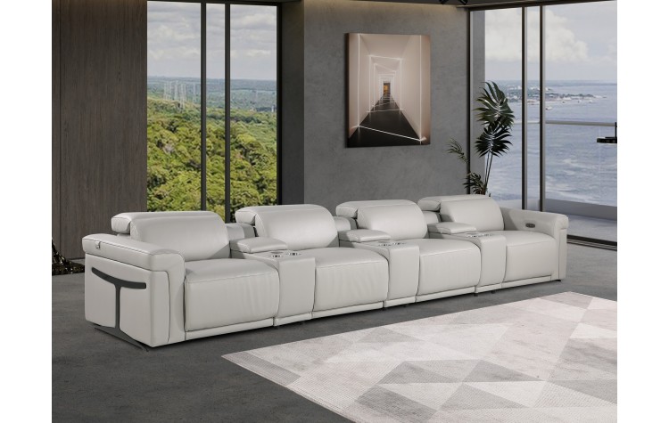 1126 DivanItalia Light Gray 7-Piece Power Reclining Sofa with Power Headrest in Top Grain Italian Leather