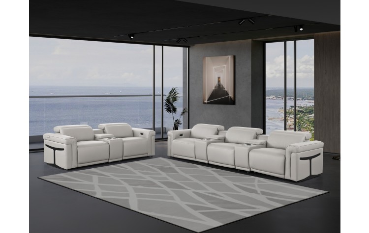 1126 DivanItalia Light Gray 8-Piece Modular Power Reclining Sofa Set with Power Headrests – Top Grain Italian Leather