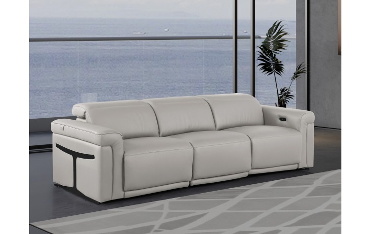1126 DivanItalia LIght Grey Top Grain Italian Leather Power Reclining Sofa with Dual Recliners and Power Headrests