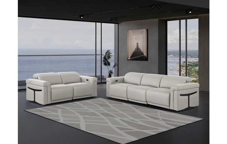 1126 DivanItalia LIght Grey Modular Power Reclining Sofa and Loveseat Set – Top Grain Italian Leather with Power Headrests