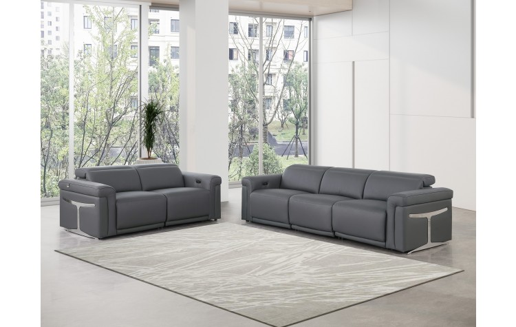 1126 DivanItalia Dark Grey Modular Power Reclining Sofa and Loveseat Set – Top Grain Italian Leather with Power Headrests