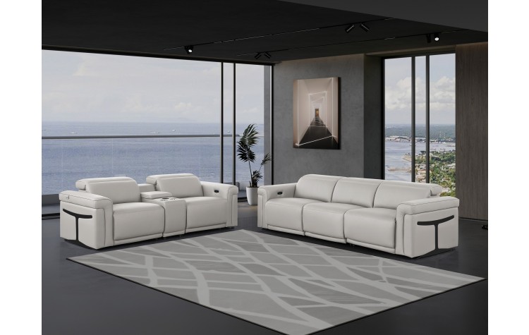 1126 DivanItalia Light Gray 6-Piece Modular Power Reclining Sofa and Loveseat Set with Power Headrests - Top Grain Italian Leather