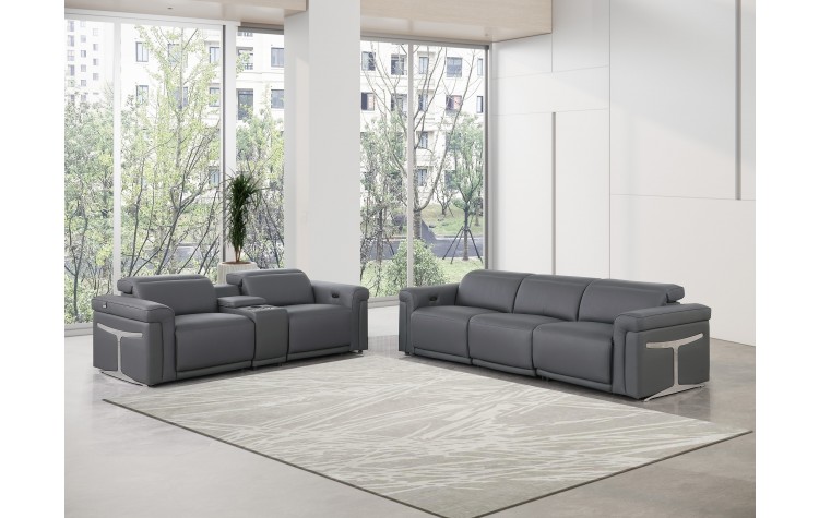 1126 DivanItalia Dark Gray 6-Piece Modular Power Reclining Sofa and Loveseat Set with Power Headrests - Top Grain Italian Leather