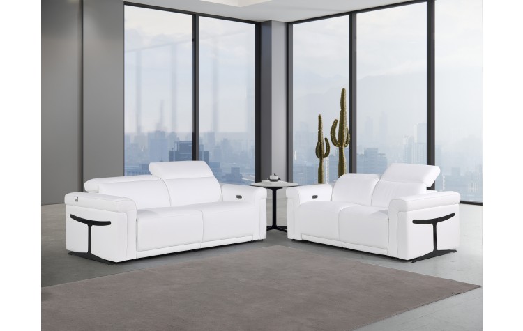 1126 - Top Grain Power Reclining Italian White Leather Sofa + Love