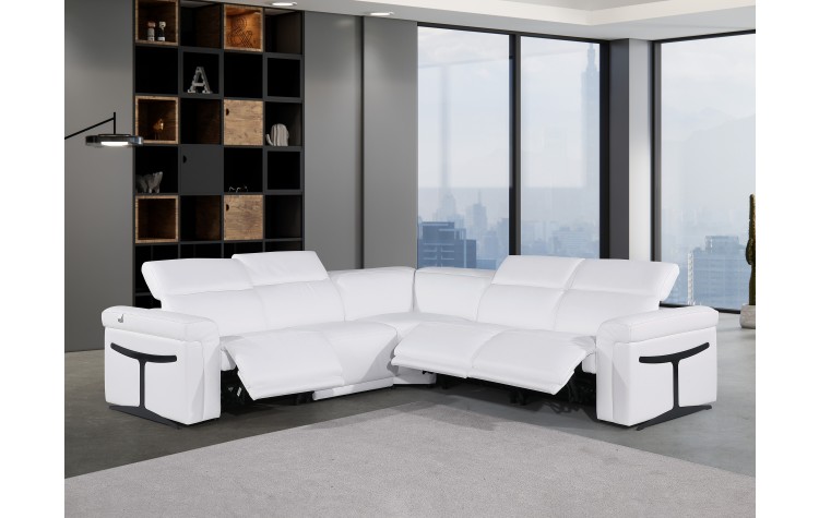 1126 - Top Grain White Italian Leather Sectional Sofa 5-Piece w/ 3 power recliners