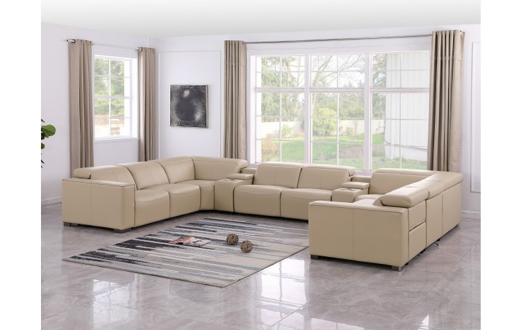 1208 Beige 10-Piece U-Sectional in Genuine Leather with 4 Power Recliners with Power Headrests