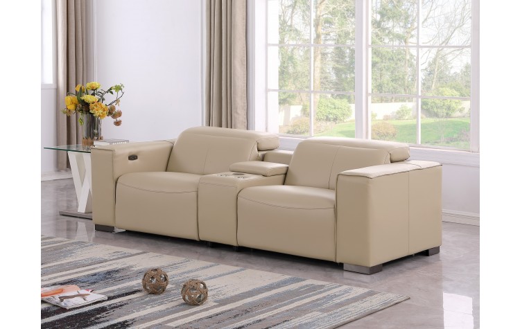 1208 Beige Power Reclining Console Loveseat with Power Headrests in Genuine Leather