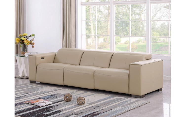 1208 Beige Genuine Leather Power Reclining Sofa with Dual Recliners and Power Headrests