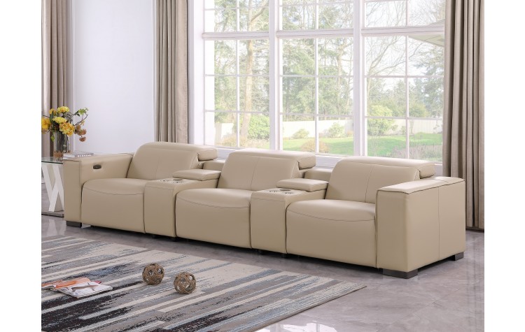 1208 Beige 5-Piece Genuine Leather Power Reclining Sofa – 3 Recliners and Power Headrests