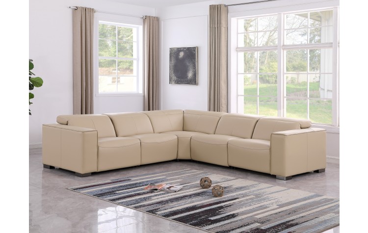 1208 Beige Genuine Leather 5-Piece Sectional with 3 Power Reclining Seats & Power Headrest