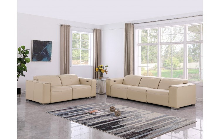 1208 Beige Modular Power Reclining Sofa and Loveseat Set – Genuine Leather with Power Headrests