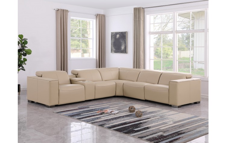 1208 Beige Genuine Leather 6-Piece Sectional with 3 Power Reclining Seats & Power Headrest