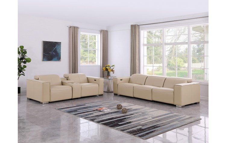 1208 Beige Modular Power Reclining Sofa and Console Loveseat Set in Genuine Leather with Power Headrests
