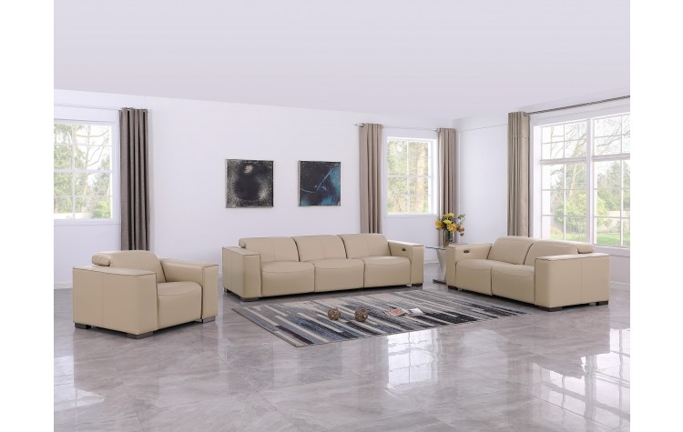 1208 Beige 6-Piece Modular Power Reclining Sofa, Loveseat, and Chair Set – 5 Recliners, Genuine Leather with Power Headrests