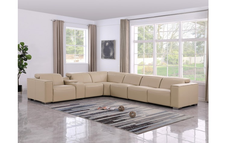 1208 Beige Genuine Leather 7-Piece Sectional with 3 Power Reclining Seats & Power Headrest