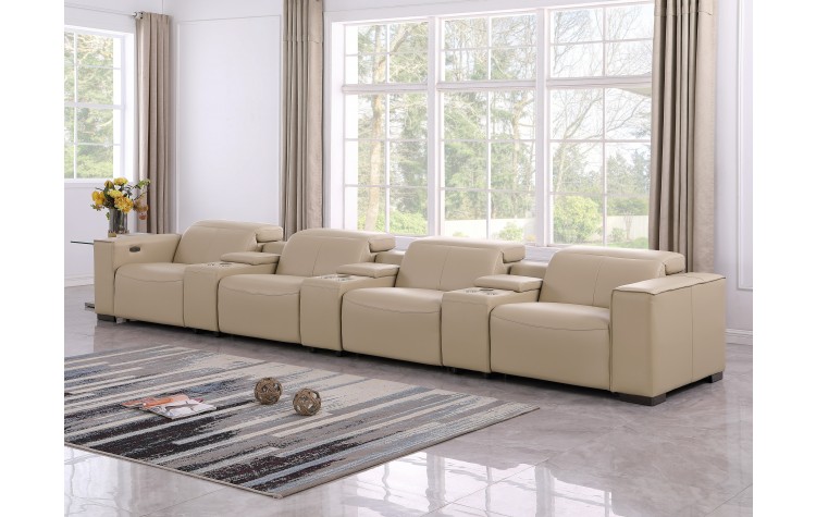 1208 Beige 7-Piece Genuine Leather Power Reclining Sofa with 5 Recliners and Power Headrests