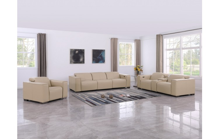 1208 Beige 7-Piece Modular Power Reclining Sofa, Loveseat, and Chair Set – 6 Recliners, Genuine Leather with Power Headrests