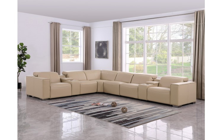 1208 Beige Genuine Leather 8-Piece Sectional with 4 Power Reclining Seats & Power Headrest