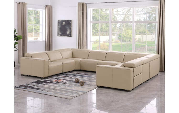 1208 Beige 8-Piece U-Sectional in Genuine Leather with 2 Power Recliners with Power Headrests (No Consoles)