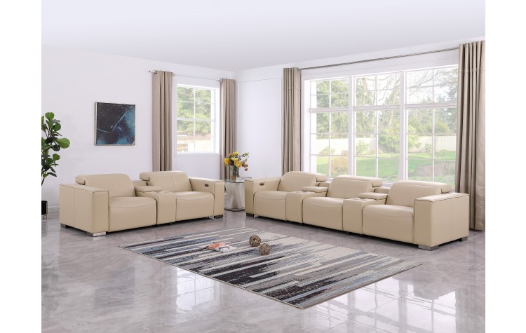1208 Beige 8-Piece Modular Power Reclining Sofa and Console Loveseat Set – Genuine Leather with Power Headrests