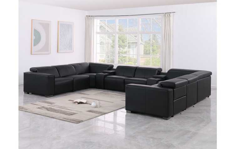 1208 Black 10-Piece U-Sectional in Genuine Leather with 4 Power Recliners with Power Headrests