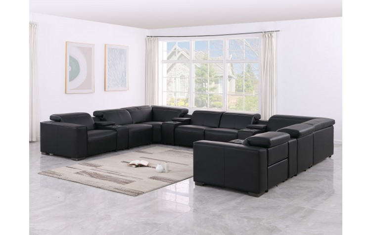 1208 Black 12-Piece 4-Power Reclining Genuine Leather U-Sectional with Power Headrests
