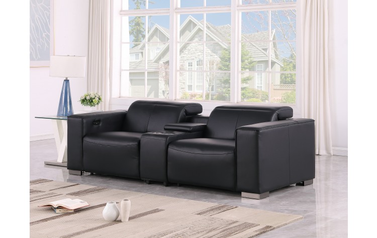 1208 Black Power Reclining Console Loveseat with Power Headrests in Genuine Leather