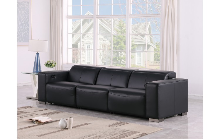 1208 Black Genuine Leather Power Reclining Sofa with Dual Recliners and Power Headrests