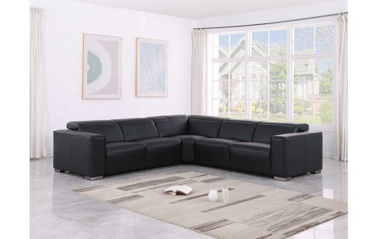 1208 Black Genuine Leather 5-Piece Sectional with 3 Power Reclining Seats & Power Headrest