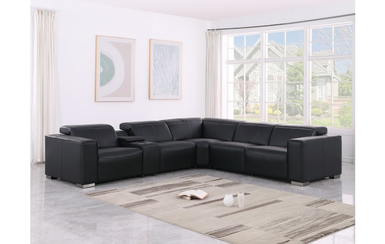 1208 Black Genuine Leather 6-Piece Sectional with 3 Power Reclining Seats & Power Headrest