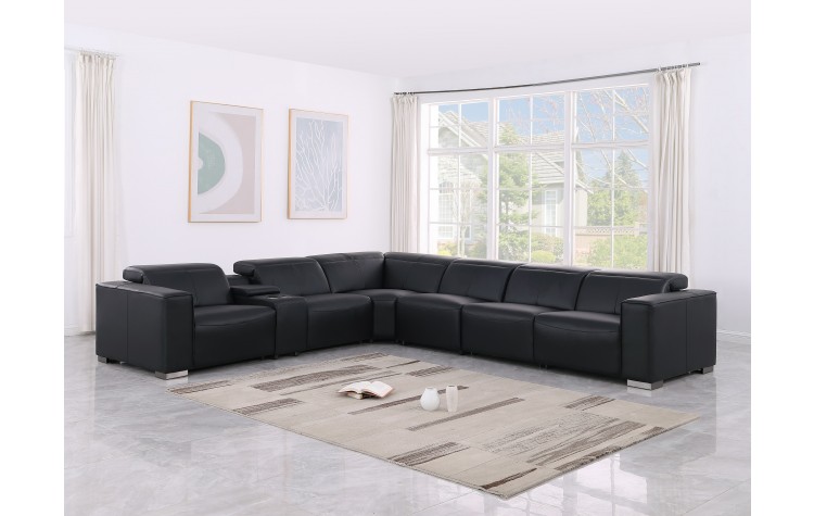 1208 Black Genuine Leather 7-Piece Sectional with 3 Power Reclining Seats & Power Headrest