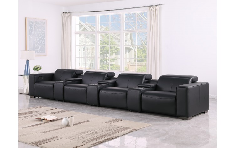 1208 Black 7-Piece Genuine Leather Power Reclining Sofa with 5 Recliners and Power Headrests