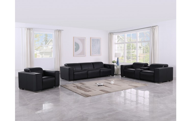 1208 Black 7-Piece Modular Power Reclining Sofa, Loveseat, and Chair Set – 5 Recliners, Genuine Leather with Power Headrests