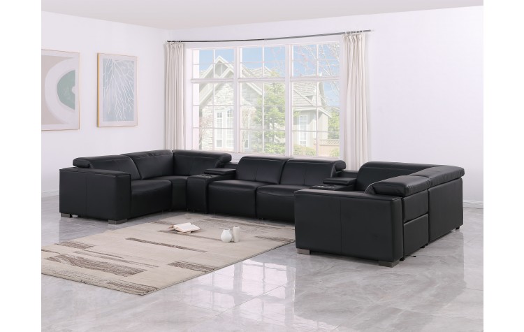 1208 Black 8-Piece 2-Power Reclining Genuine Leather U-Sectional with Power Headrests