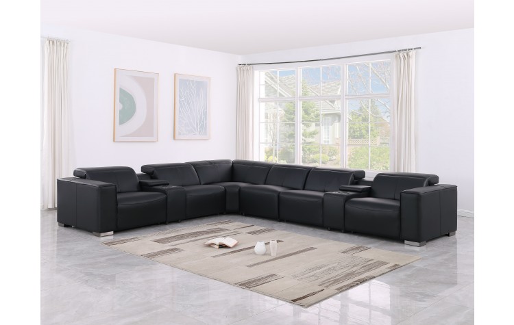 1208 Black Genuine Leather 8-Piece Sectional with 3 Power Reclining Seats & Power Headrest