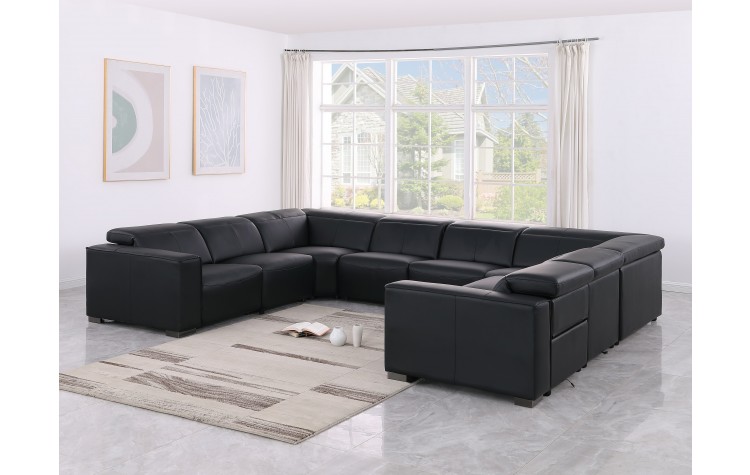 1208 Black 8-Piece U-Sectional in Genuine Leather with 2 Power Recliners with Power Headrests (No Consoles)