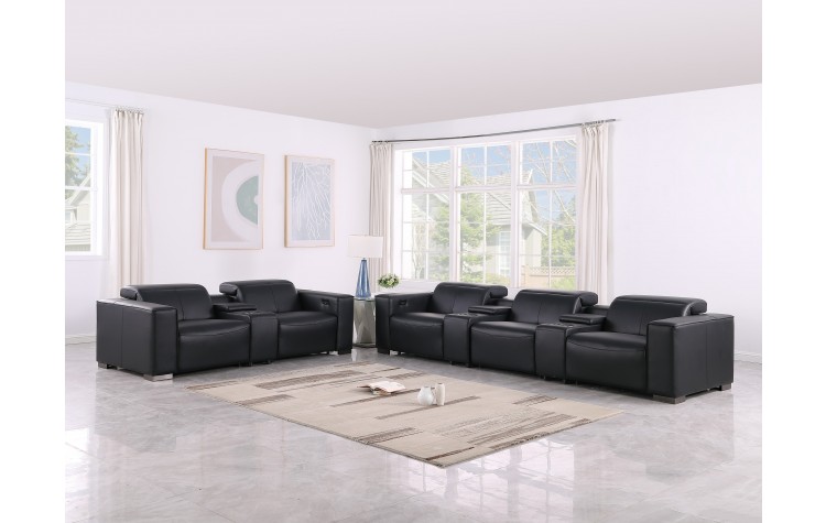 1208 Black 8-Piece Modular Power Reclining Sofa and Console Loveseat Set – Genuine Leather with Power Headrests