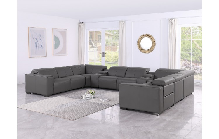 1208 Dark Grey 10-Piece U-Sectional in Genuine Leather with 4 Power Recliners with Power Headrests