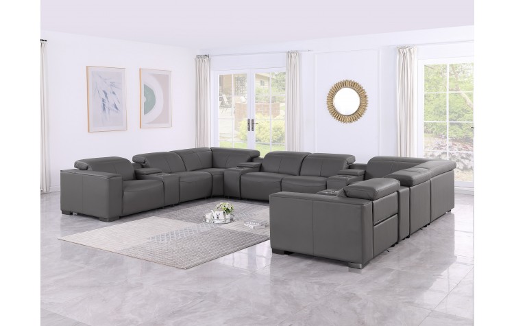 1208 Dark Grey 12-Piece 4-Power Reclining Genuine Leather U-Sectional with Power Headrests